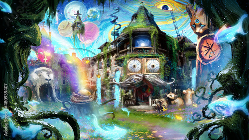 Foto crazy mansion with a lot of strange, bizarre details, strange hallucinogenic things happen here and there, fish swim in air, eyes in the walls, fabulous creatures, abnormal weather phenomena