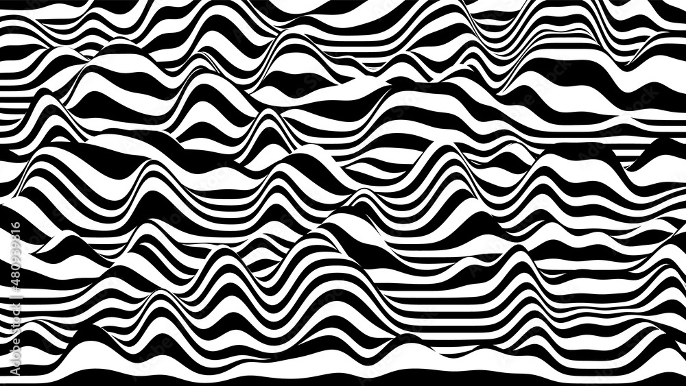 Trendy 3D black and white stripes distorted backdrop. Procedural ripple background with optical illusion effect Trendy 3D black and white stripes distorted backdrop. Procedural ripple background with optical illusion effect