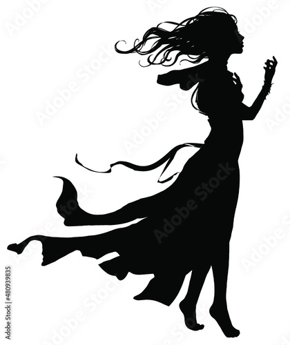 A black silhouette of a touching girl slowly gracefully walking forward barefoot, she has a long dress and hair that is blown up by a strong wind, looks ahead in the video talking to someone. 2d art