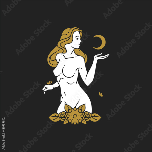 Beauty naked elegant feminine perfect body posing surrounded by blossom flowers butterfly line art