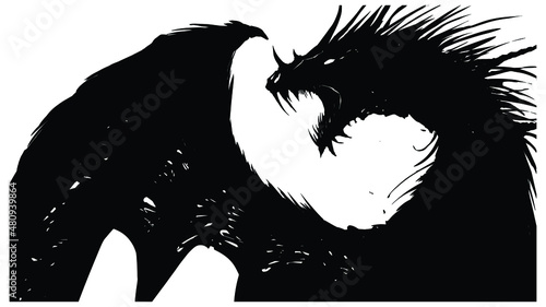The black silhouette of a huge spiked dragon that furiously growls spreading its leaky clawed wings to the sides, its eyes glow ominously, long snake teeth in its mouth 2d art