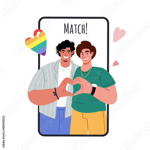 Happy gay couple.Men in love,online dating app.Vector flat illustration