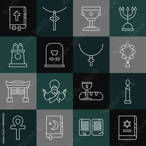 Set line Jewish torah book, Burning candle, Rosary beads religion, Christian chalice, Tombstone with RIP written, Stage stand tribune, Holy bible and cross chain icon. Vector