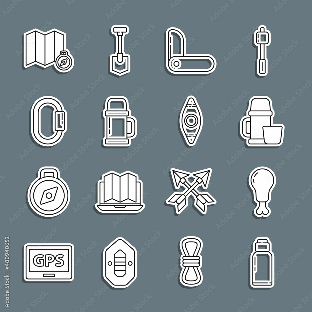 Set line Canteen water bottle, Chicken leg, Thermos container and cup, Swiss army knife, Carabiner, Location of the forest map and Kayak canoe icon. Vector Set line Canteen water bottle, Chicken leg, Thermos container and cup, Swiss army knife, Carabiner, Location of the forest map and Kayak canoe icon. Vector