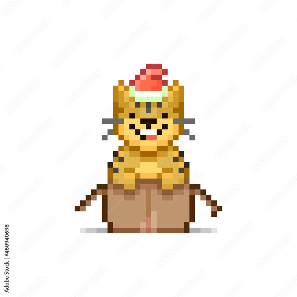 colorful simple flat pixel art illustration of cartoon smiling cute tiger in red santa hat sitting in an open cardboard box