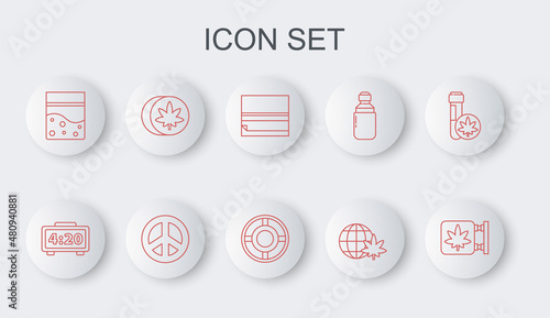 Set line Marijuana and cannabis store, Digital alarm clock, Rolling paper, Legalize marijuana globe, Plastic bag of, Herbal ecstasy tablets, Peace and Ashtray icon. Vector