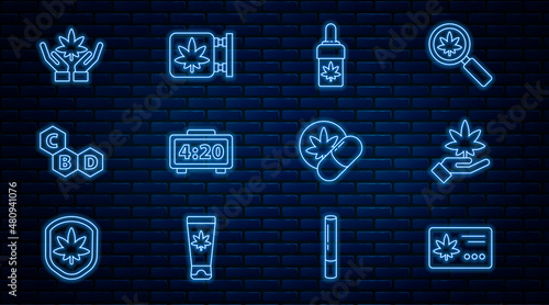 Set line Calendar and marijuana leaf, Marijuana or cannabis, olive oil, Digital alarm clock, Cannabis molecule, Herbal ecstasy tablets and store icon. Vector