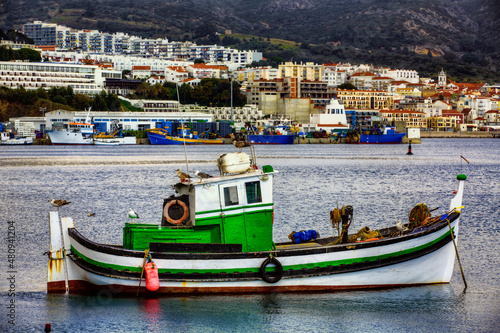 Fényképezés Boat in the Fishing Harbor of Sesimbra, Portugal