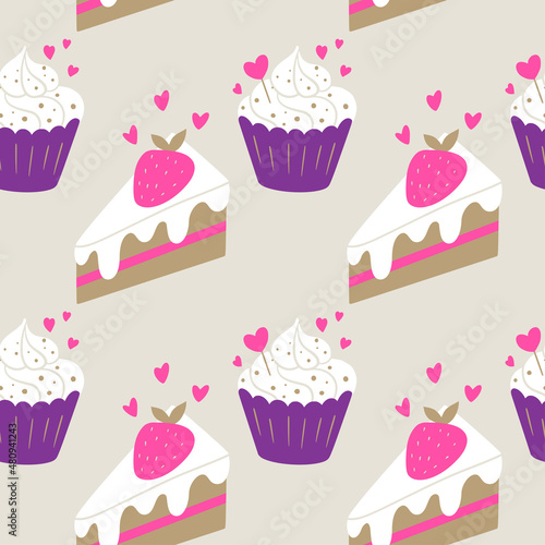 Delicious seamless pattern for bakery  cupcakes and strawberry cake pieces with hearts. Valentine   s day background.