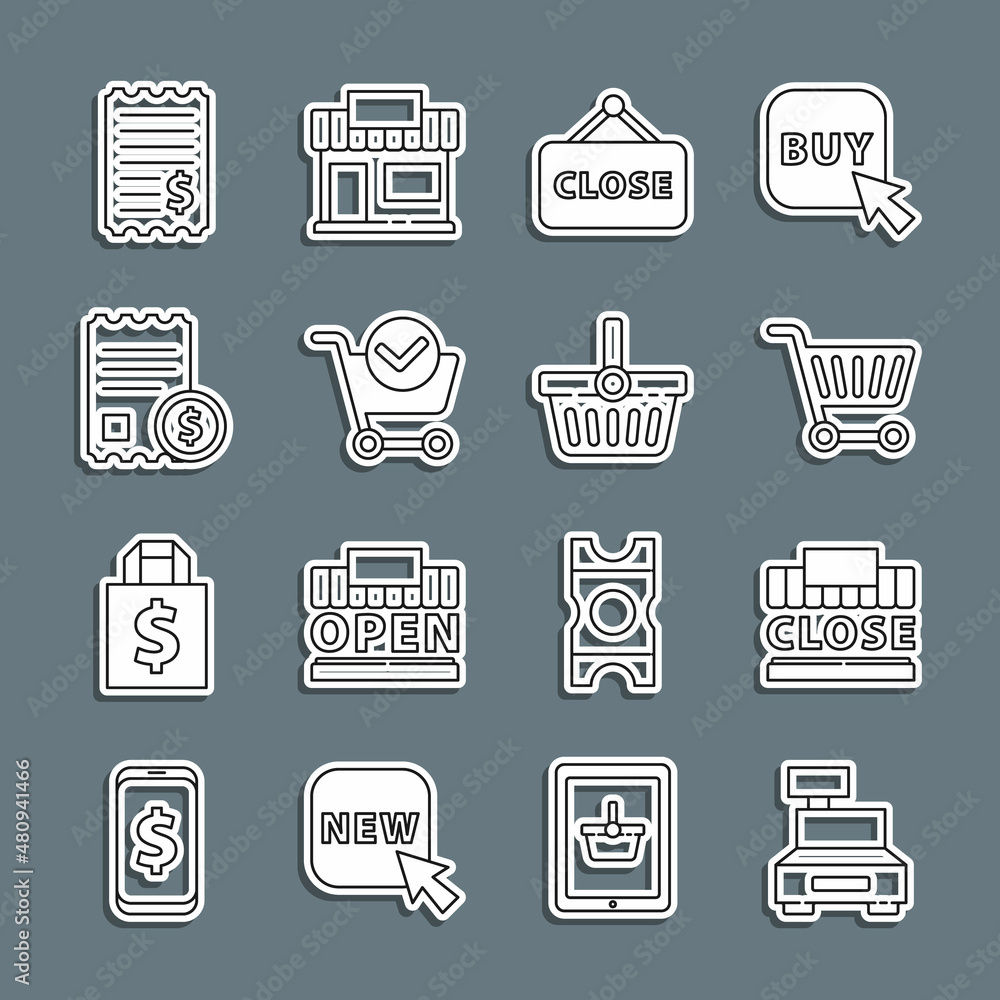 Set line Cash register machine, Shopping building and text closed, cart, Hanging sign with Closed, check mark, Paper financial, and basket icon. Vector Set line Cash register machine, Shopping building and text closed, cart, Hanging sign with Closed, check mark, Paper financial, and basket icon. Vector