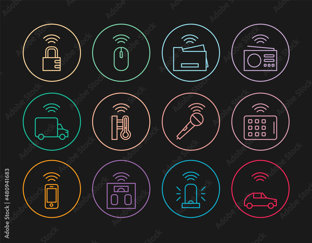 Set line Smart car system with wireless, Wireless tablet, printer, thermometer, truck, safe combination lock, microphone and mouse icon. Vector Set line Smart car system with wireless, Wireless tablet, printer, thermometer, truck, safe combination lock, microphone and mouse icon. Vector