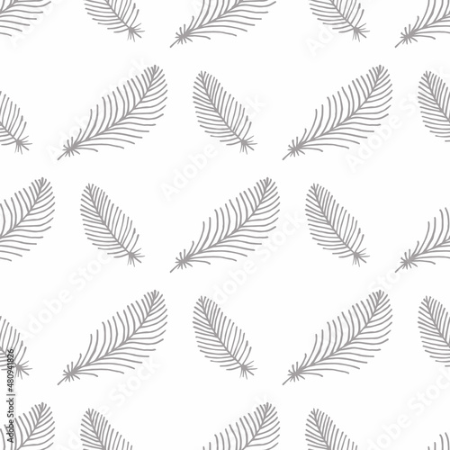 Seamless pattern with gray feathers on white background. Vector image.