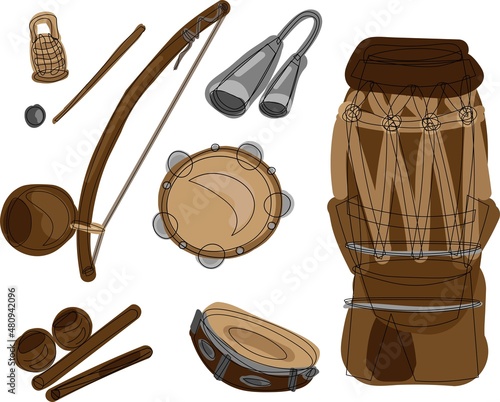 Set of capoeira instrument, instruments traditional capoeira orchestra, brasilian culture and art. berimbau, atabaque, agogo, pandeiro, caxixi in black line doodle style