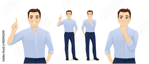 Handsome business young man in blue shirt thinking looking away and making idea pointing up isolated on white background vector illustration