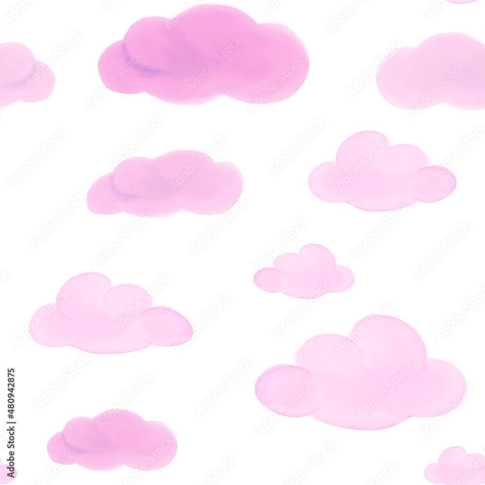 Flauschige rosa Wolken Wasserfarben Cartoon nahtloses Muster