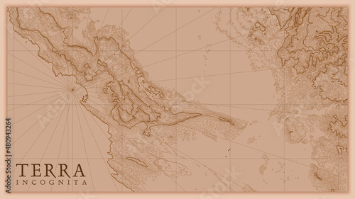 Ancient abstract earth relief old map. Generated conceptual vector elevation map of fantasy landscape.
