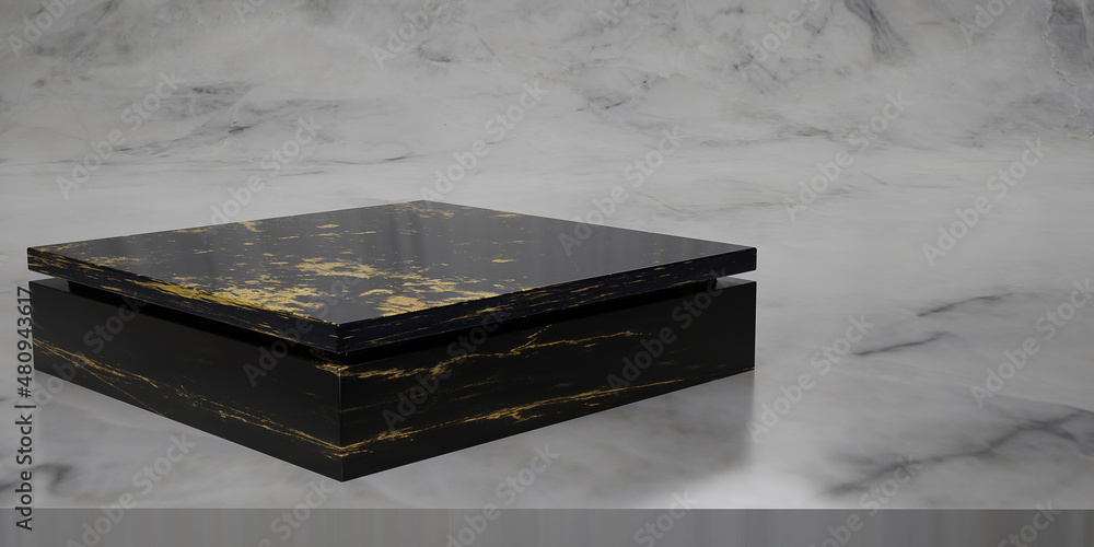 Abstract black marble with gold texture podium on studio backdrops. Dark Blank display or clean room for showing product. Copy space. Minimalist mockup for podium display or showcase. 3D rendering. Abstract black marble with gold texture podium on studio backdrops. Dark Blank display or clean room for showing product. Copy space. Minimalist mockup for podium display or showcase. 3D rendering.