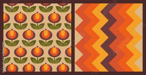 Abstract 1970s Seamless Pattern Set: Flowers and Zigzag in Gradient Ocher Colors. Retro Style, Geometric Vintage Background. Hand-Drawn Vector illustration. Seventies Colorful Wallpaper.