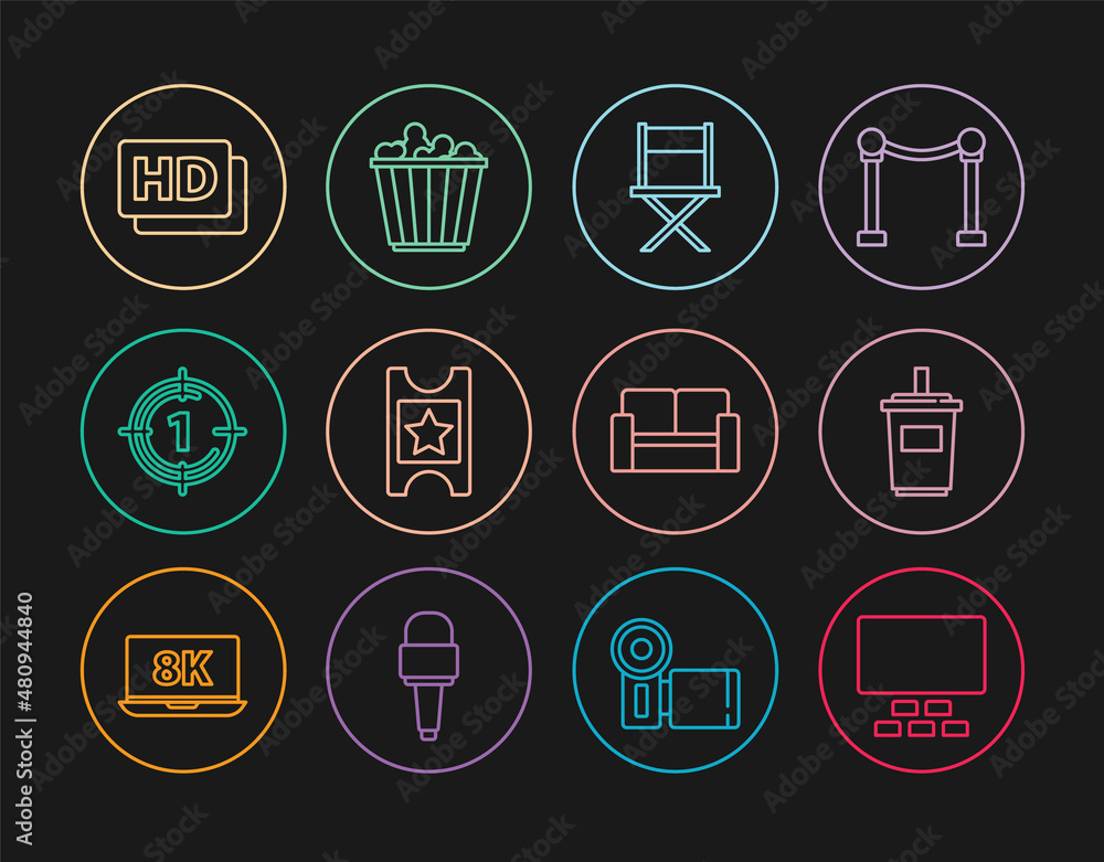 Set line Cinema auditorium with seats, Paper glass water, Director movie chair, ticket, Old film countdown frame, Hd movie, tape,, and Popcorn box icon. Vector Set line Cinema auditorium with seats, Paper glass water, Director movie chair, ticket, Old film countdown frame, Hd movie, tape,, and Popcorn box icon. Vector