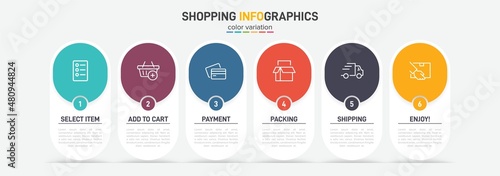 Concept of shopping process with 6 successive steps. Six colorful graphic elements. Timeline design for brochure, presentation, web site. Infographic design layout.