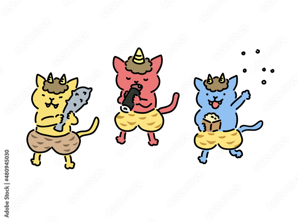 節分 鬼の格好をするネコ 赤鬼、黄鬼、青鬼
節分 鬼の格好をするネコ 赤鬼、黄鬼、青鬼