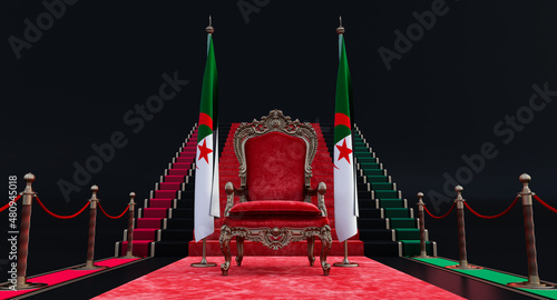 Red royal chair on a red carpet background with barrieres, Red royal chair on a dark background betwin algerian flags, flag of algeria hanging on a flag pole, 3d render photo