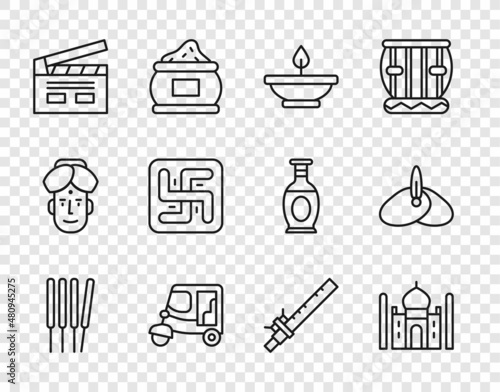 Set line Aroma sticks, incense, Taj Mahal, lamp, Taxi tuk tuk, Bollywood indian cinema, Hindu swastika, Bamboo flute and Indian headgear turban icon. Vector
