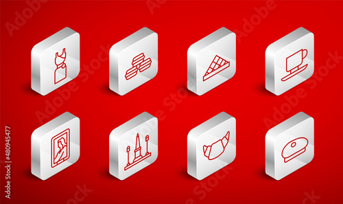 Set line French beret, Macaron cookie, Louvre museum, Coffee cup, Croissant, Woman dress, Place De La Concorde and Portrait in icon. Vector