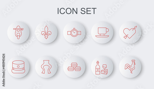 Set line French rooster, Kepi, Wrist watch, Wine bottle with cheese, Scooter, Fleur De Lys, Frog legs and Macaron cookie icon. Vector