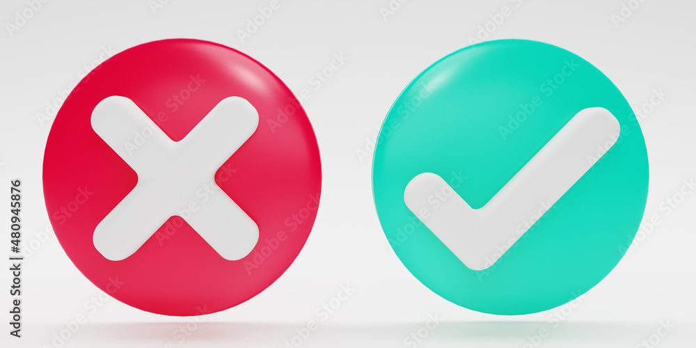 3D render Checkmark and X mark icon set. Checkmark right symbol, tick sign. check and uncheck for web and mobile apps. 3D rendering illustration. 3D render Checkmark and X mark icon set. Checkmark right symbol, tick sign. check and uncheck for web and mobile apps. 3D rendering illustration.