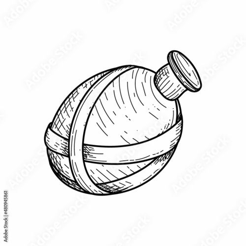 Water flask hand-drawn vector illustration in doodle style. Flask icon, water container view for recreation, tourism, sports, camping. Hiking in nature and in the mountains.