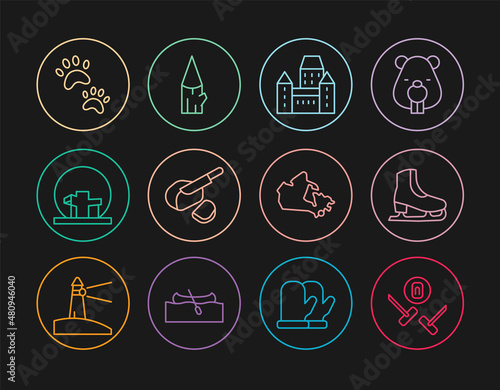 Set line Curling sport game, Skates, Chateau Frontenac hotel, Peameal bacon, Montreal Biosphere, Paw print, Canada map and Wooden log icon. Vector