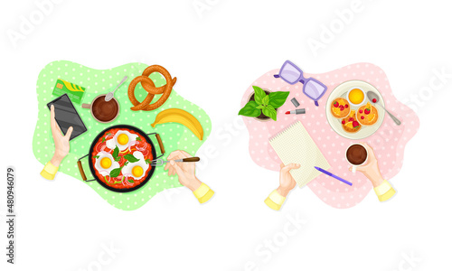 View from above of hands and delicious breakfast dishes set vector illustration