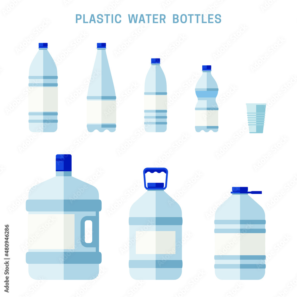 Plastic water bottles flat icons. Plastic containers for clean drinking water Plastic water bottles flat icons. Plastic containers for clean drinking water