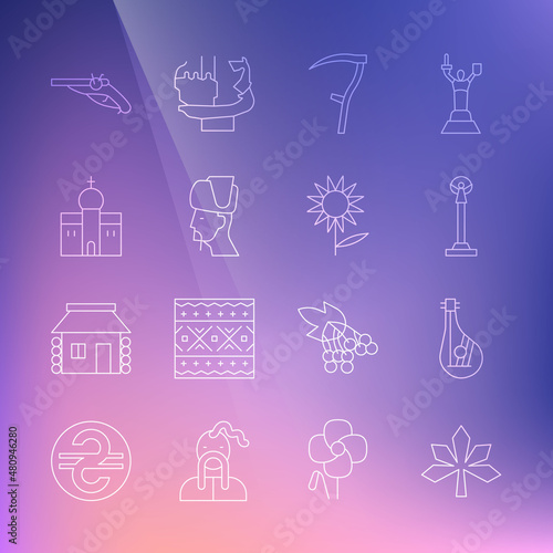 Set line Chestnut leaf, Bandura, Monument of Independence, Scythe, Ukrainian cossack, Church building, Vintage pistols and Sunflower icon. Vector