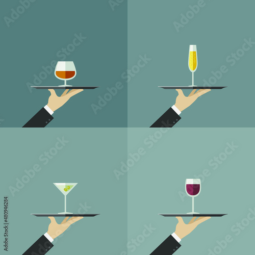 Waiter brings a glass of wine, champagne, whiskey. Flat illustration of trays with glasses and waiter hand