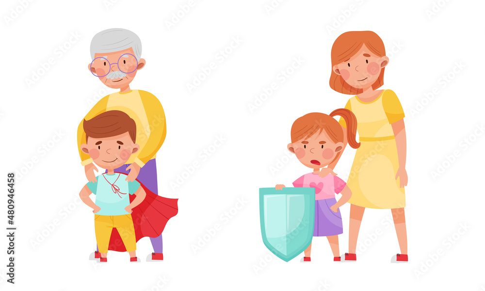 Honest and fair children set. Cute kids protecting their families cartoon vector illustration Honest and fair children set. Cute kids protecting their families cartoon vector illustration