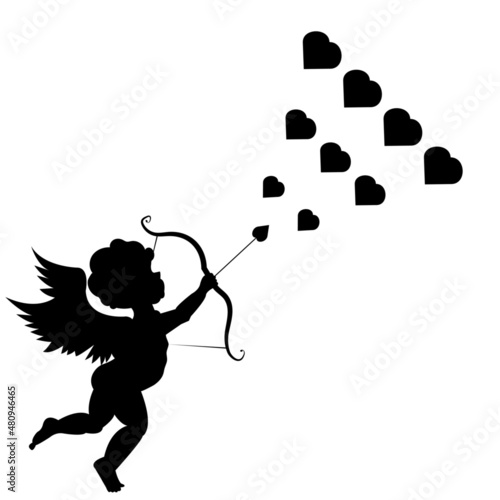 vector illustration of cupid with bow and arrow with black hearts, happy valentine's day, isolated on white