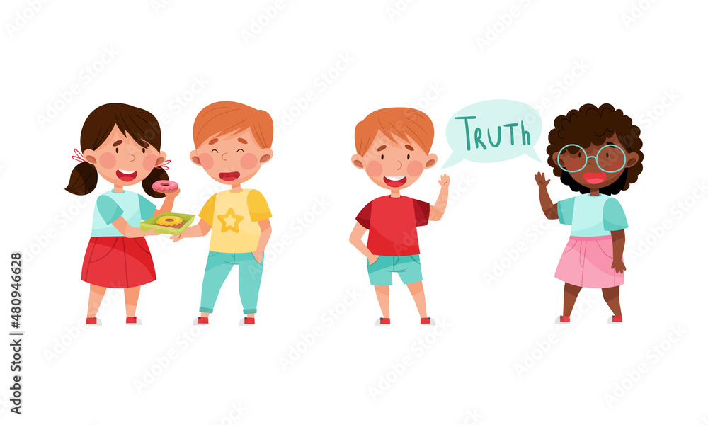 Kind, honest and fair children set cartoon vector illustration Kind, honest and fair children set cartoon vector illustration