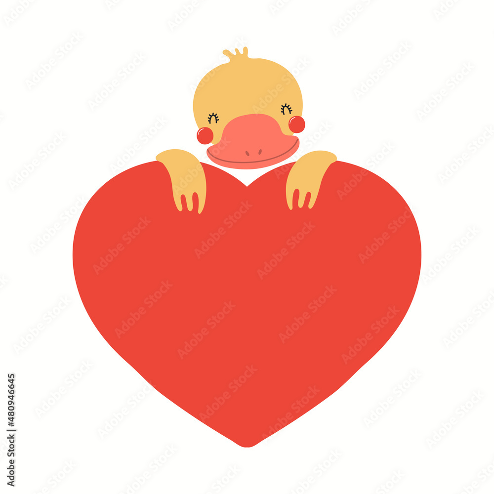 Cute funny duck holding a big heart, isolated on white. Hand drawn vector illustration. Scandinavian style flat design. Concept for kids Valentines day card, holiday print, invite, gift tag, poster. Cute funny duck holding a big heart, isolated on white. Hand drawn vector illustration. Scandinavian style flat design. Concept for kids Valentines day card, holiday print, invite, gift tag, poster.