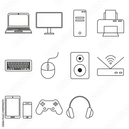 Zestaw ikon przedstawiający akcesoria komputerowe.
