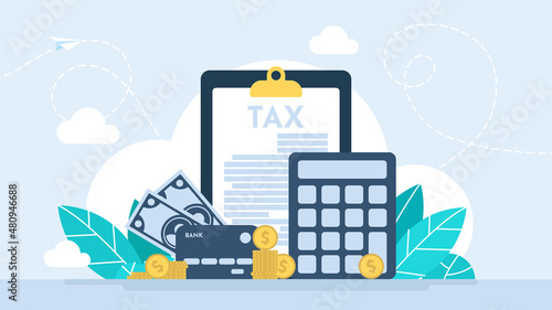 Tax. Document of payment. Check, contract. Budget planning calculator, bill payment abstract metaphor, tax credit, bank account. Flat illustration. Abstract business concept vector illustration set.