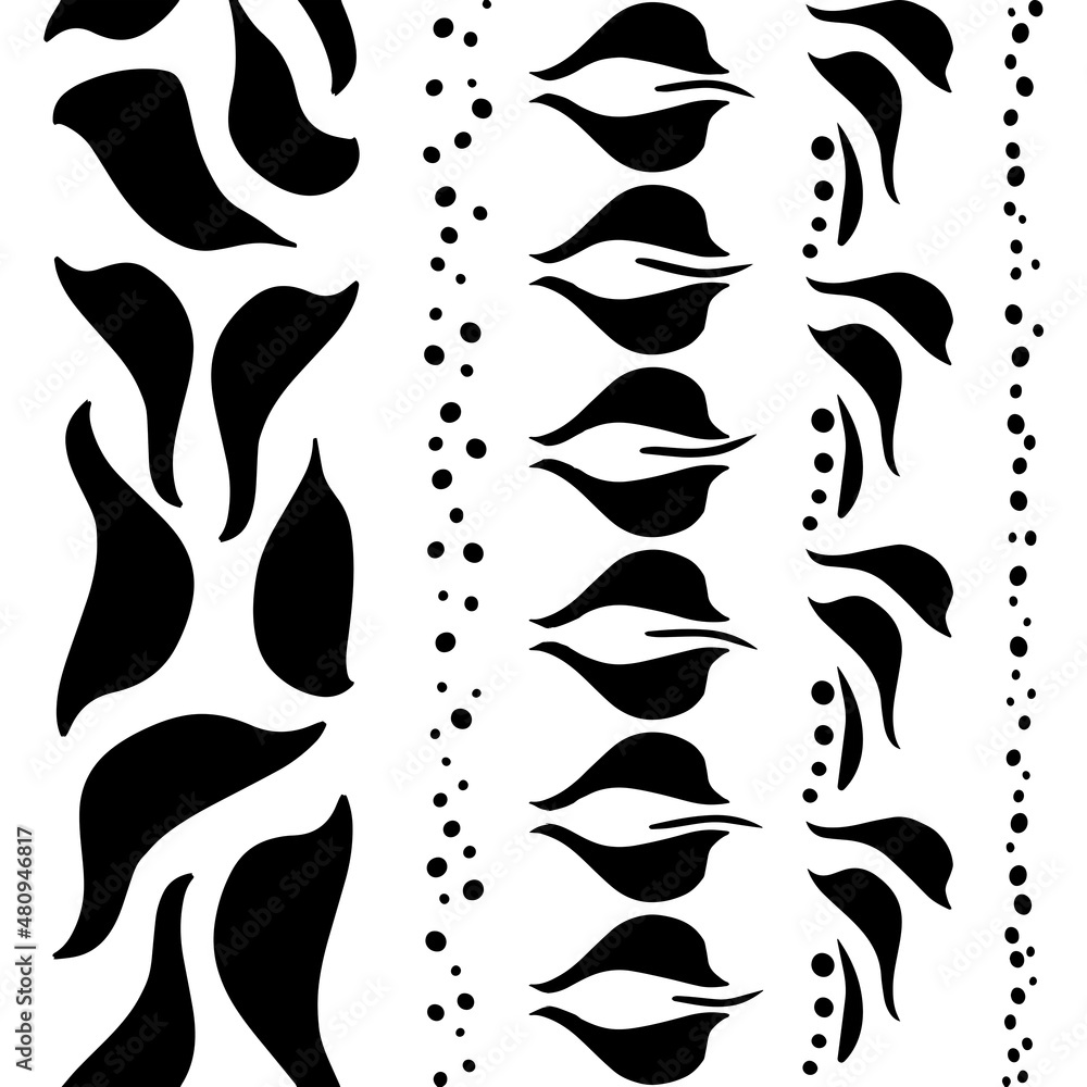 Seamless Silhouette Borders.Black outlines Floral ornaments. Black, isolated graphic seamless ornaments of various shapes.Abstract stylish illustration for digital creativity, needlework,scrapbooking.