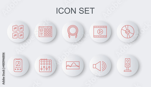 Set line Stereo speaker, Music player, Audio jack, Speaker volume, file document, Drum machine, Sound mixer controller and wave equalizer icon. Vector