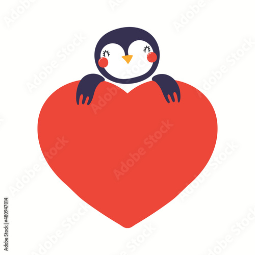 Cute funny penguin holding a big heart, isolated on white. Hand drawn vector illustration. Scandinavian style flat design. Concept for kids Valentines day card, holiday print, invite, gift tag, poster