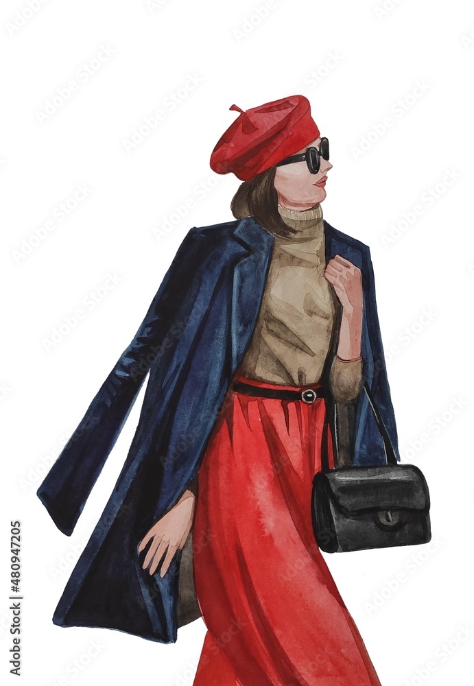 Fashion illustration. Stylish French girl watercolor.