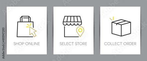 Buy online, select store and collect order. Shopping online concept. Web page template. Metaphors with icons.
