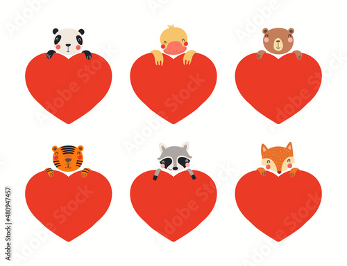 Collection of cute animals holding big hearts, isolated on white. Hand drawn vector illustration. Scandinavian style flat design. Concept for kids Valentines day card, holiday print, invite, gift tag.