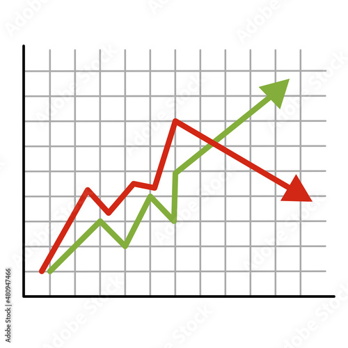 Red and green arrows  graph of growth. Isolated vector illustration on white background.