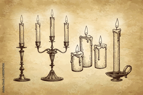 Burning candles ink sketch set.